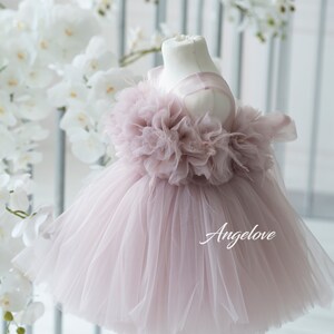 May include: A dusty rose tulle baby dress with a large flower detail on the bodice. The dress is on a white mannequin and has a tulle skirt.