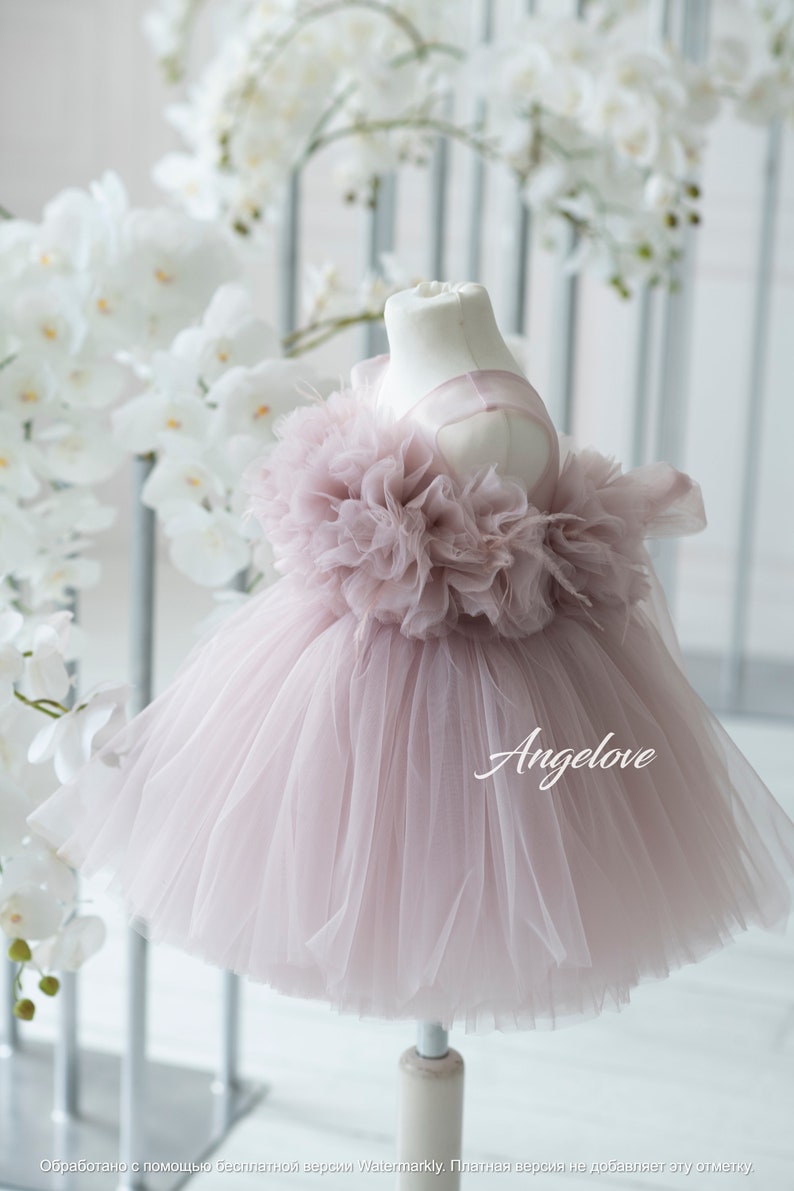 May include: A dusty rose tulle baby dress with a large flower detail on the bodice. The dress is on a white mannequin and has a tulle skirt.