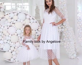 White Mother Daughter Matching Dress -  Mommy and Me Outfits - Polka dot Toddler - Christening Baptism dress - Polka Dot