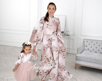 mom and daughter silk dress Mommy and Me Outfits Silk Maxi Dress - Easter Mother's Day Gift Long Sleeve - Matching Mother Daughter