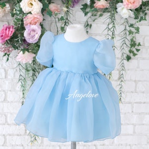 May include: A light blue tulle dress with puffed sleeves and a round neckline. The dress is on a white mannequin and has the word "Angelove" printed on the skirt.