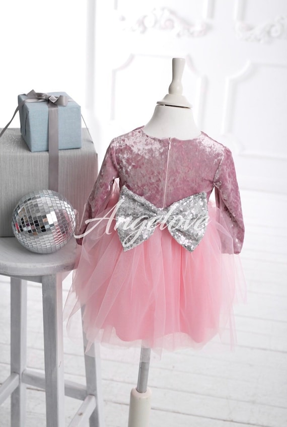 Toddler Tulle Dress - Princess Dress Baby Girl - Long Sleeve with Bow and Sequins Skirt Tutu Glitter