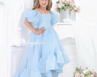 Toddler party dress,  Flower Girl dress, First Birthday  with train, puffy organza off shoulders, MORE COLORS