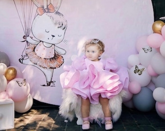 Baby Girl's First Birthday Dress - Pink Organza - Puff Sleeves - Special Occasion