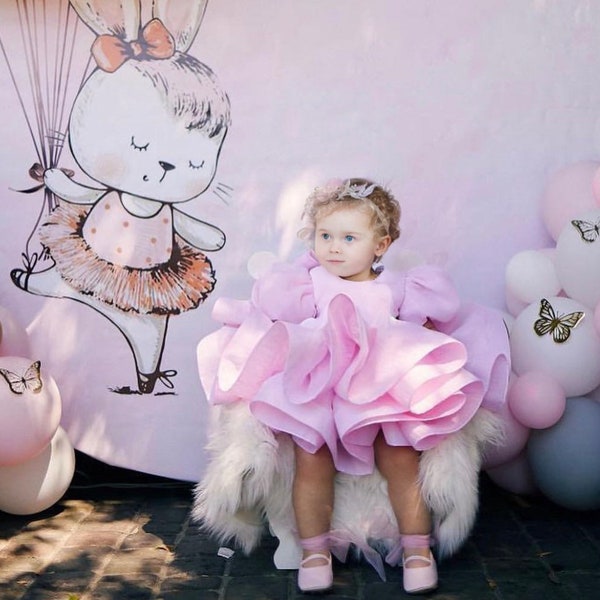 Fête du premier anniversaire de bébé - Robe en organza rose - Petite fille en bas âge - Manches bouffantes - Robe pour une occasion spéciale