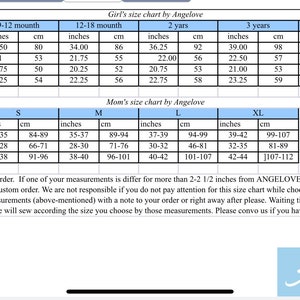 May include: A size chart for girls' and women's clothing, with measurements in inches and centimeters. The chart includes sizes for girls from 6-9 months to 5 years and women's sizes from XS to XL. The chart is titled "Girl's size chart by Angelove" and "Mom's size chart by Angelove".