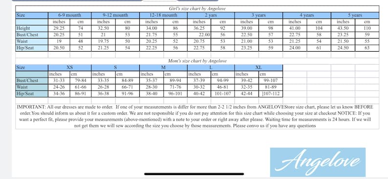 May include: A size chart for girls' and women's clothing, with measurements in inches and centimeters. The chart includes sizes for girls from 6-9 months to 5 years and women's sizes from XS to XL. The chart is titled "Girl's size chart by Angelove" and "Mom's size chart by Angelove".