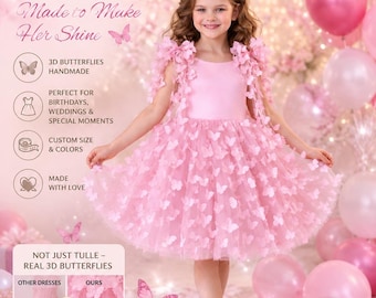 Pink Butterfly Dress for Girls, 1st Birthday Outfit, Toddler Tutu, Baby Girl Party, 3D Butterfly