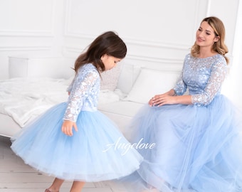 Blue Mother Daughter Matching Dress - READY to ship one SIZE S and 5T
