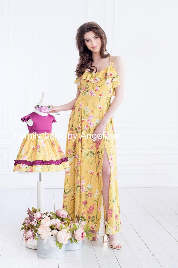 Yellow Mommy and Me Dress Matching Long Dress Family Outfits Mother Daughter Dress Matching Long Dresses Etsy Canada