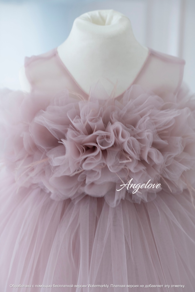 May include: A mauve tulle dress with a large, ruffled flower on the bodice. The dress has a sleeveless design and a tulle skirt. The dress is on a white mannequin.
