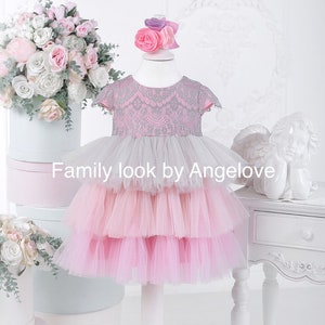 Toddler Girl Photo Shoot Dress - Dress Baby Girl - 1st Birthday Tutu Dress - Lace Pink Gray