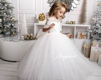 Flower Girl Tulle Ivory Dress - Junior bridesmaid -  Special Occasion Dress  -  lace