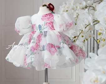 birthday baby girl dress, puffy sleeve dress, organza print girl dress, 1st birthday girl gown