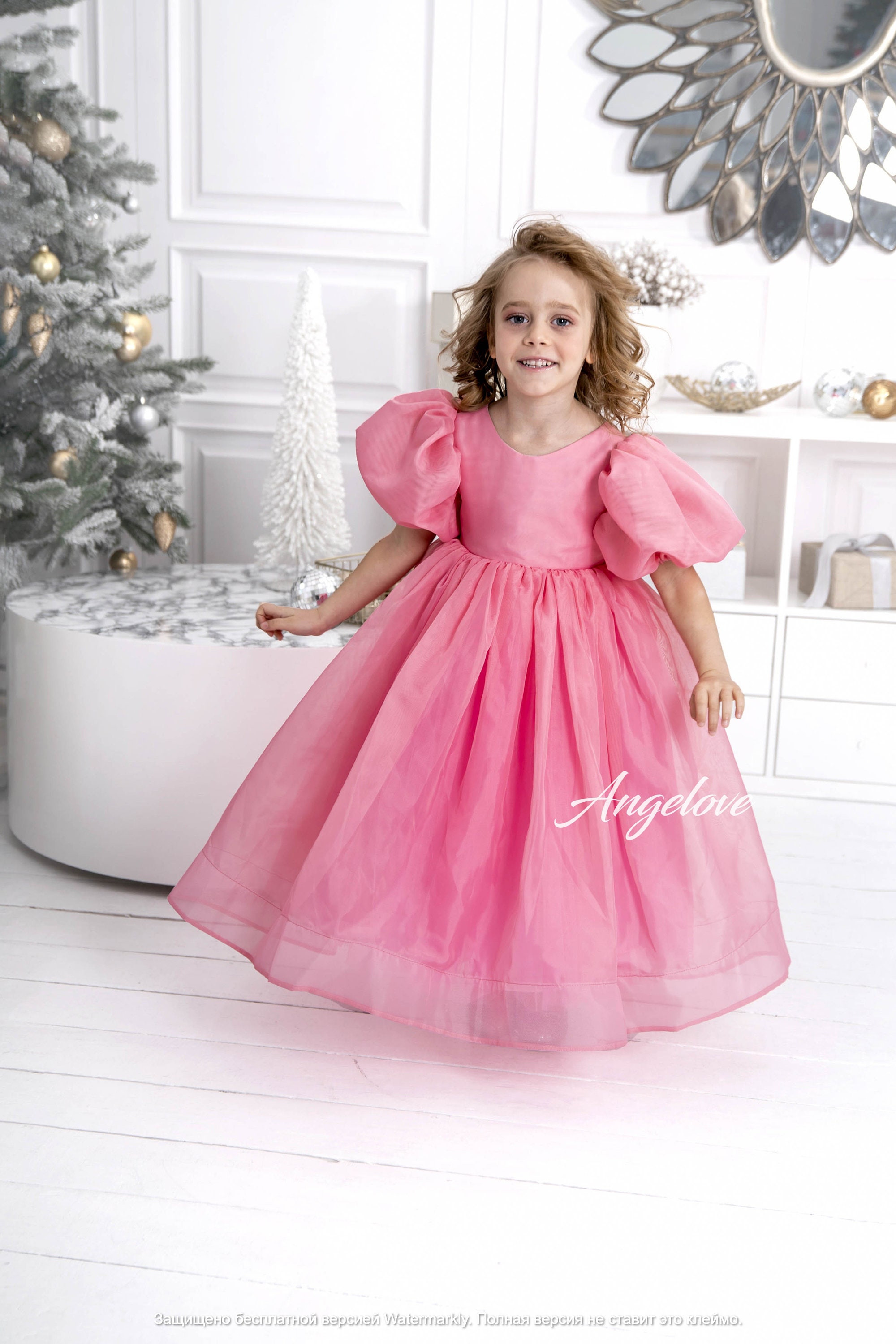 pink organza sleeve dress Pink A-Line Organza Long Prom Dress Engagement Dress with Puff Sleeves fg5426