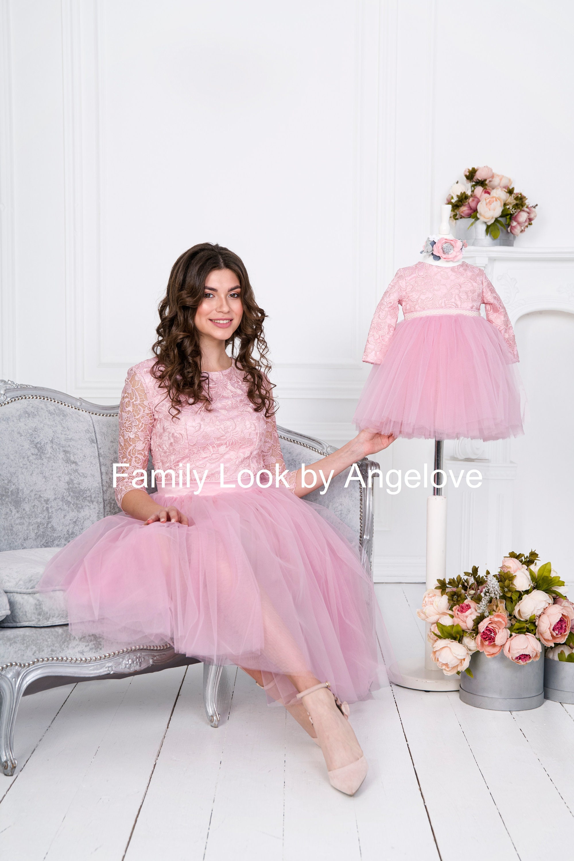 Mommy & Me Matching Pink Lace Dresses - Long Sleeve Tulle Skirt