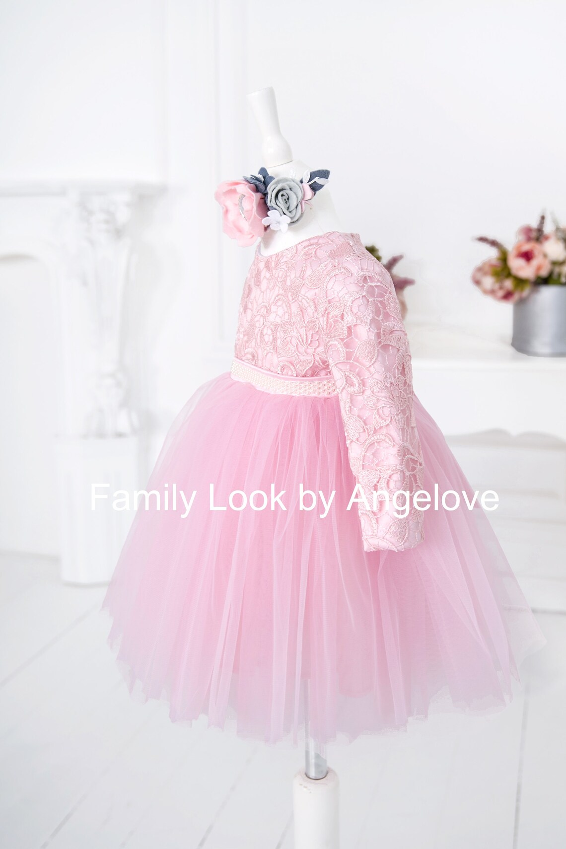 Pink Short Sleeve Tulle Mother and Me Matching Gowns MGD174