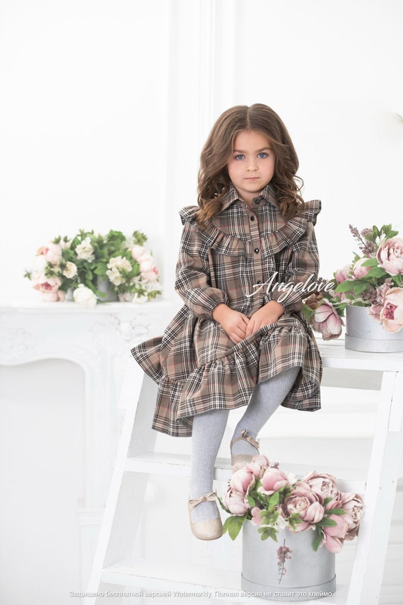 Girls Outfit - Toddler Dress Dress Baby Girl, Long Sleeve dress, Short Cottagecore Fall Dress - Brown Checkers - Mini Classic Dress