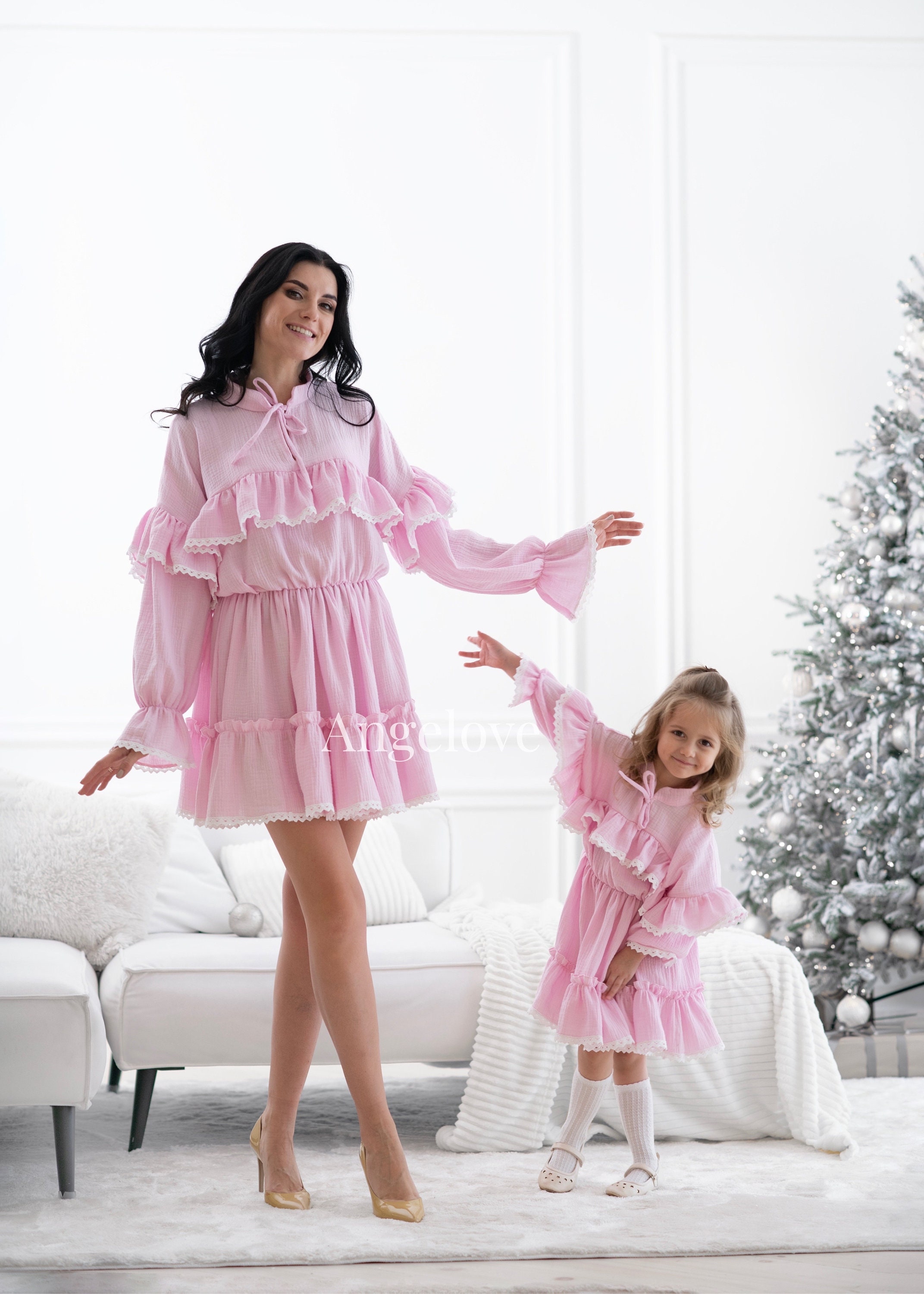 Matching Mommy and Me Outfits - stylish handmade muslin dresses - Pink - cotton natural