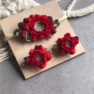 Flor de fieltro - Pinza de pelo de flor de fieltro, Accesorio para el cabello - Diadema de Navidad roja Accesorios de fotografía de fieltro Decoración Niñas recién nacidas - horquillas - pasador