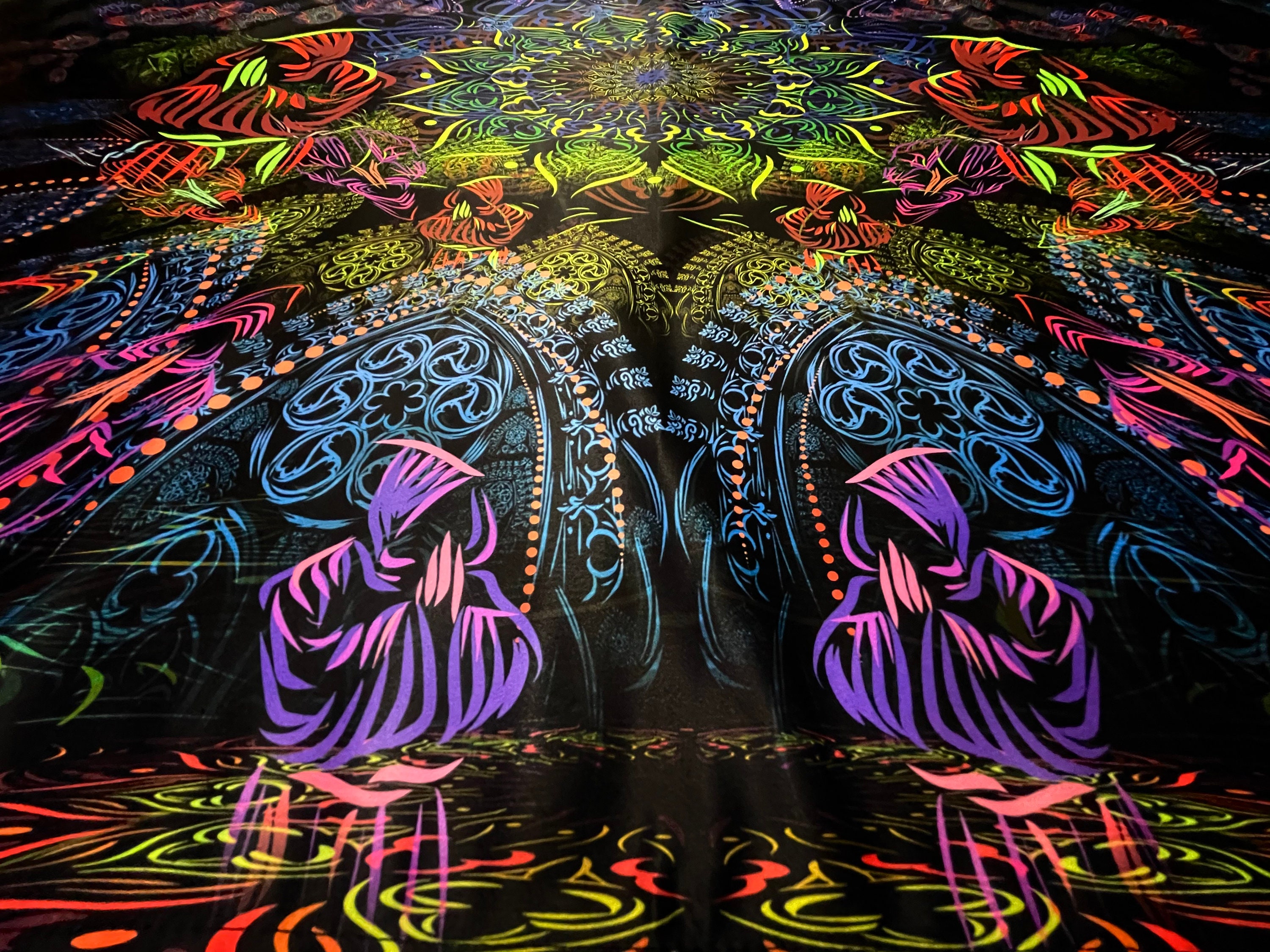 Blacklight active tapestry Cosmic monks gathering Etsy