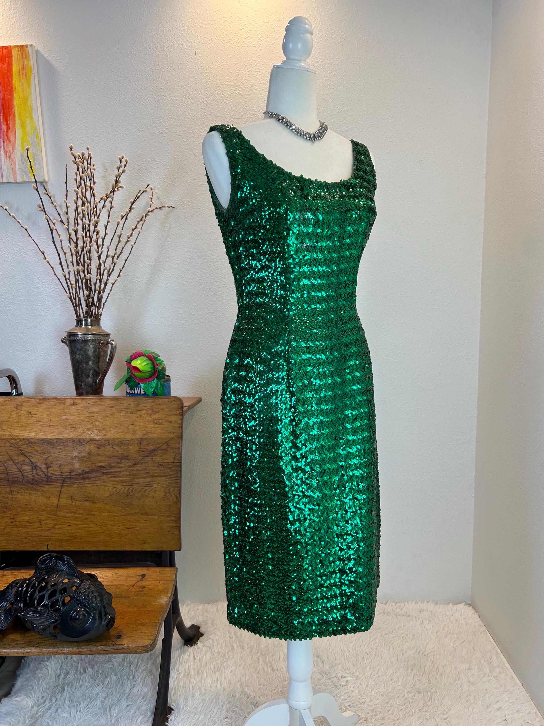 1960s Green Sequin Wiggle Dress, Vintage Party Style Gene Shelly Style