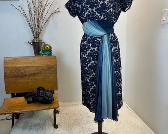 1950s Lace Dress: Vintage Navy Blue Ombre Chiffon Sash, wounded
