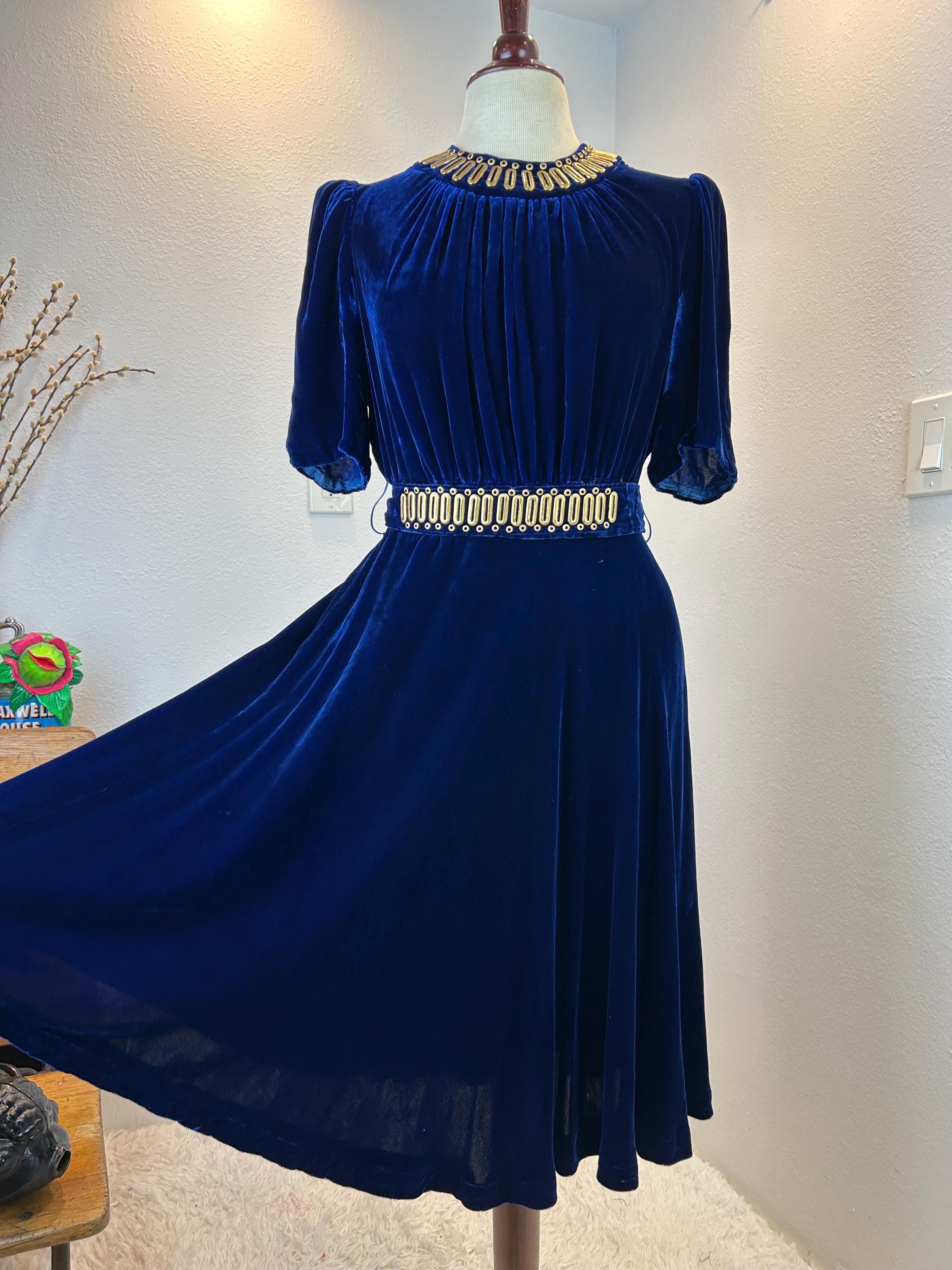 blue velvet puff sleeve dress Vintage 1930s with Studded Neckline, Puffed Sleeves (32