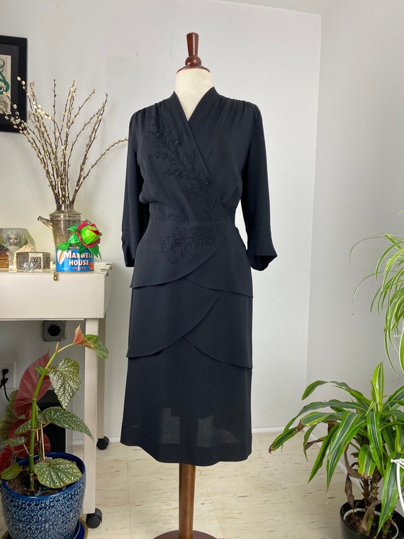 Vintage 1940’s Black Rayon Embroidered Faux Wrap D