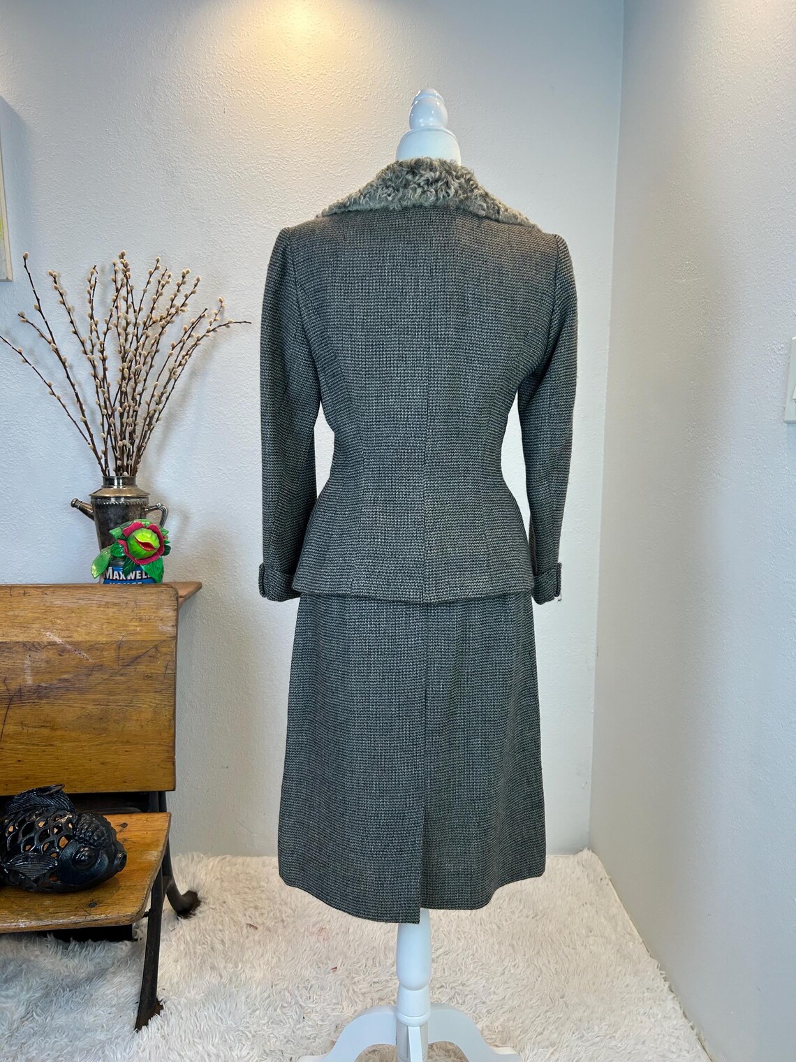 1940s Henry Rosenfeld Suit With Lamb Fur Collar, Vintage Grey Woven ...