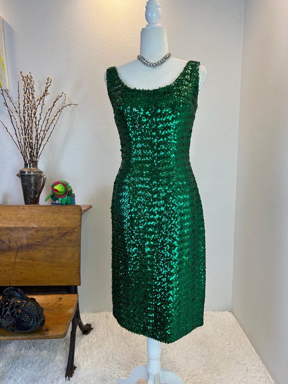 1960s Green Sequin Wiggle Dress, Vintage Party Style Gene Shelly Style 1960s Green Sequin Wiggle Dress, Vintage Party Style Gene Shelly Style