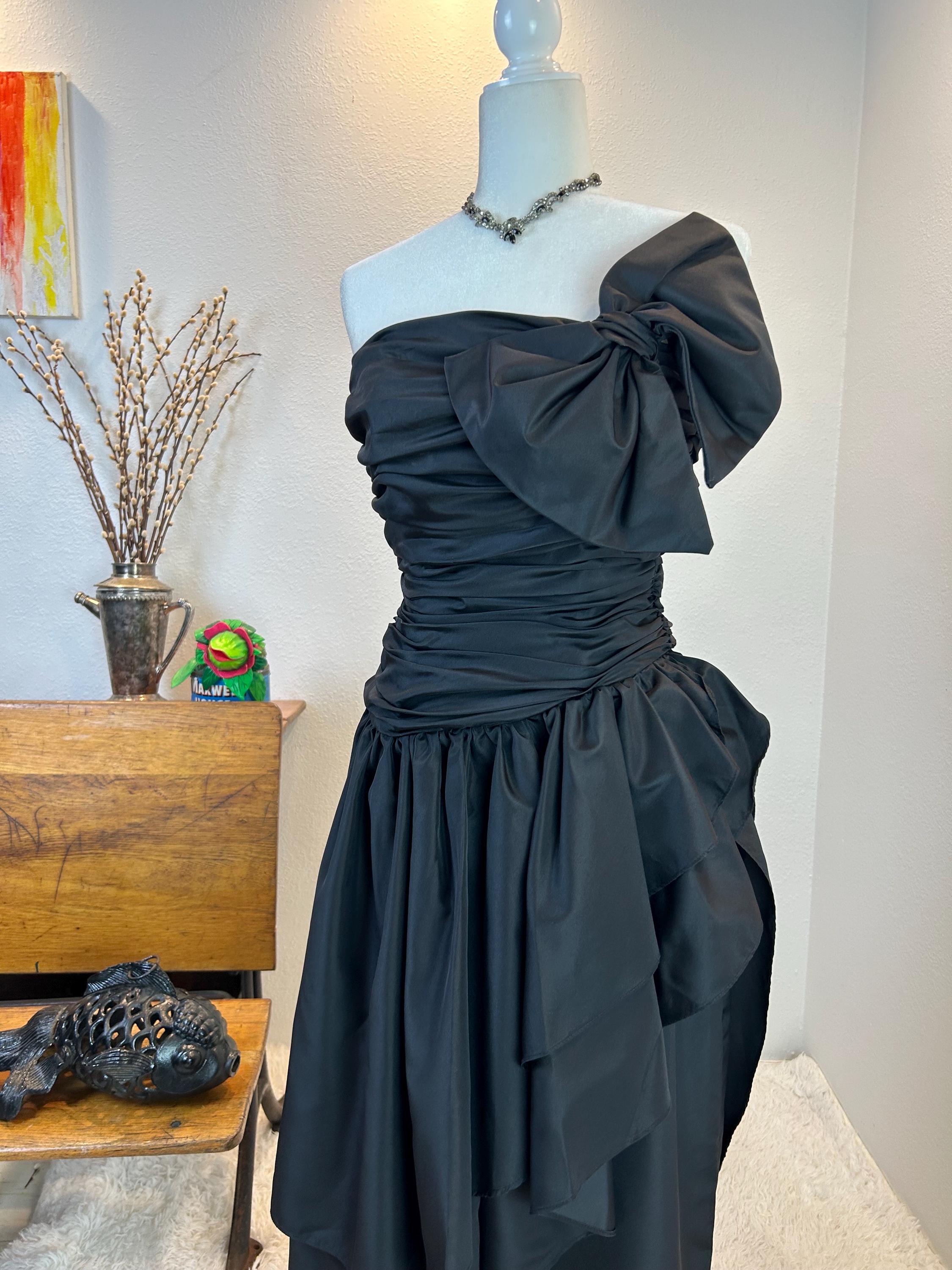 Vintage 1980s Black Strapless Gown: Peplum Ruffle, Oversized Bow