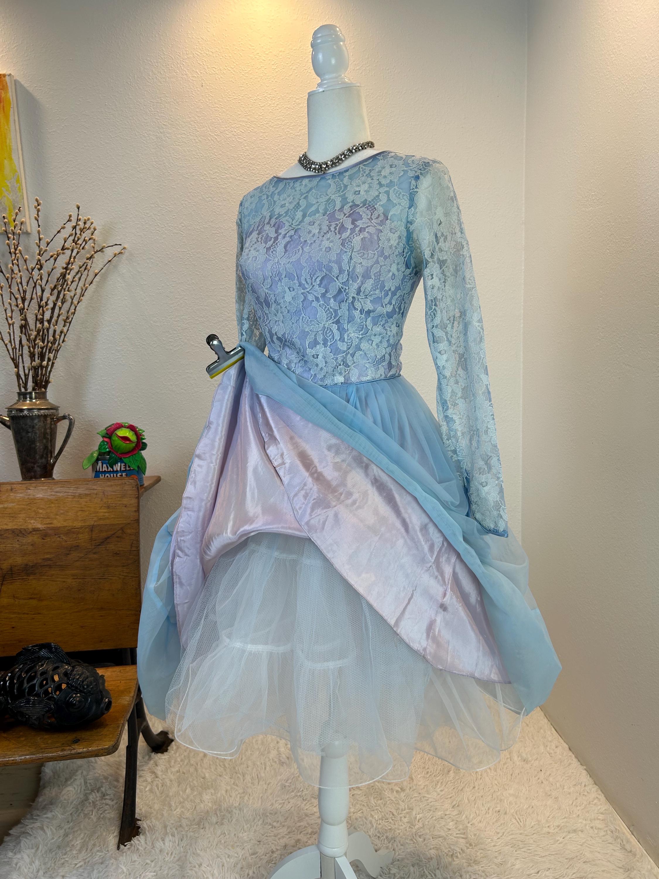 Vintage 1950s Blue Lace Fit and Flare Dress,