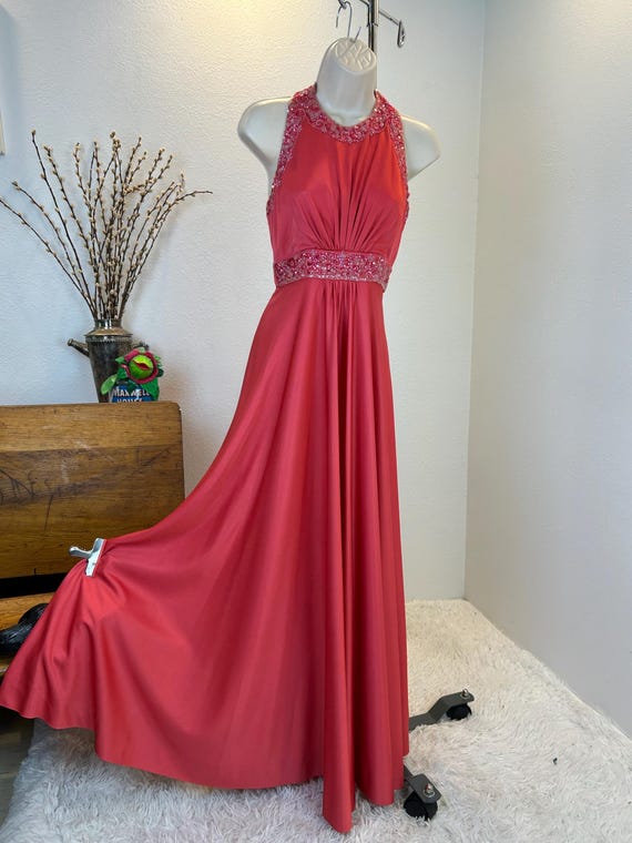 Vintage 1960s Coral Gown: Sequin Bodice, Empire Waist