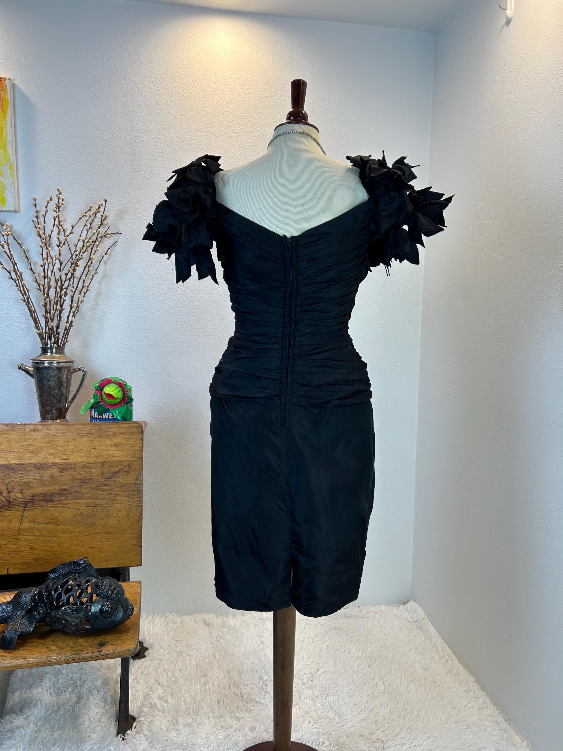 80s cocktail dress Vintage 80s Black Cocktail Dress: Puff Sleeves, Ruched Bodice