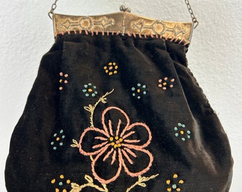 1920s Velvet Flapper Purse, Antique Embroidered Floral Bag