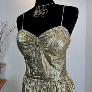 Medium 1980s Gold Lamé Prom Dress Asymmetric Drop Waist