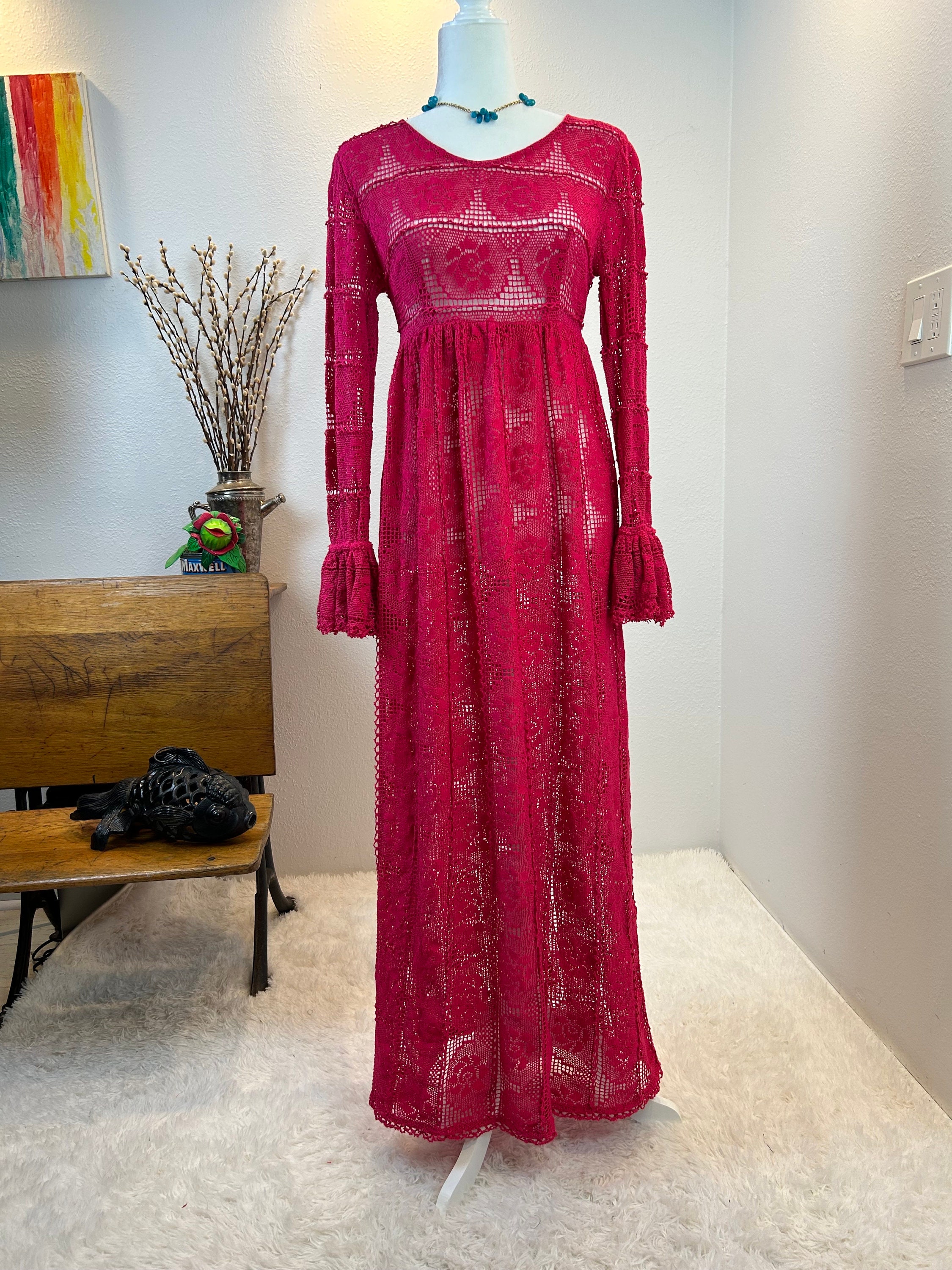 Vintage 1960s Crochet Maxi Dress, Magenta Flower Pattern