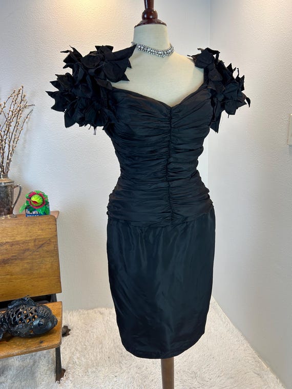 Vintage 80s Black Cocktail Dress: Puff Sleeves, Ruched Bodice
