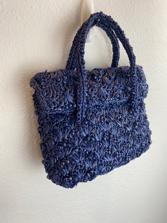 1960’s Raffia & Bead Purse / 60s Purse Navy Blue - image 9