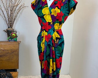 1980s Floral Print Dress, Dark Academia, Waist 28”