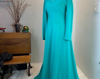 1970s Velvet Maxi Dress, Turquoise Handmade Gown, Size XL