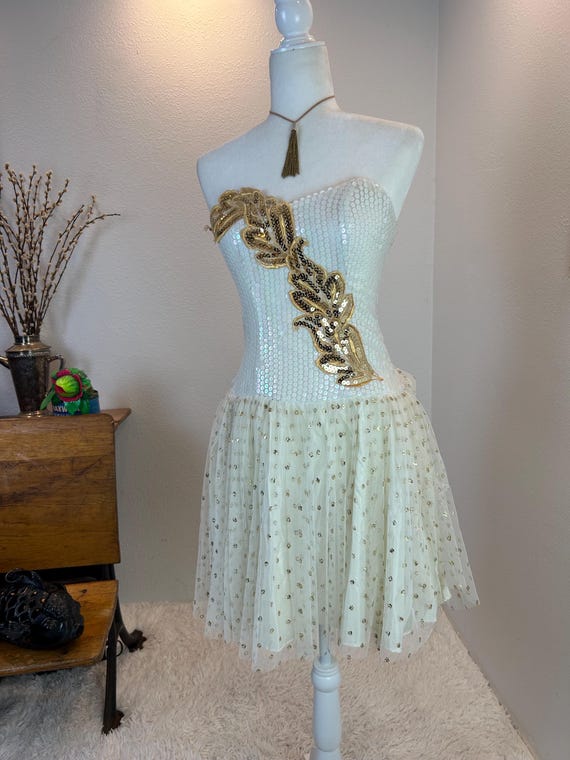 Vintage Alfred Angelo Sequin Dress: 1980s Gold Gl… - image 3