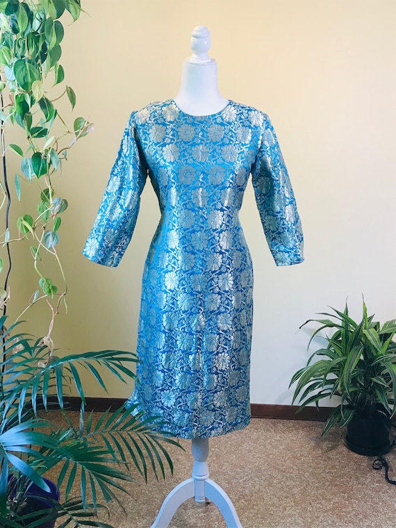 Vintage 1950s Teal and Gold Sari Tunic Dress