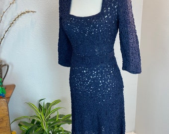 1940s Knit Ribbon Dress With Belt, Vintage Stretchy Crochet - Etsy
