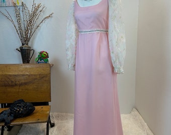 1960s Floral Chiffon Maxi Dress, Sheer Sleeve Vintage Gown
