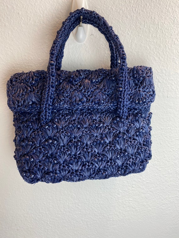 1960’s Raffia & Bead Purse / 60s Purse Navy Blue - image 1