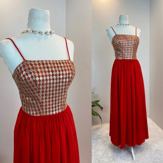 1960s Gown / 1960s dress / 1960s maxi Red and Gold