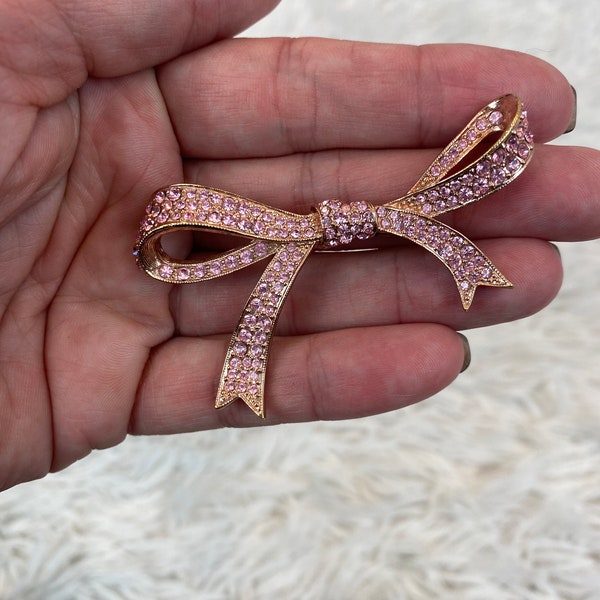 Vintage Pink Rhinestone Bow Brooch, Gold Tone