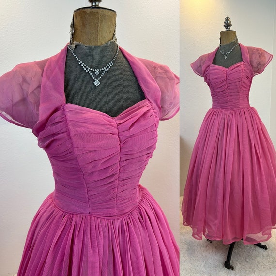 1950s Emma Domb Fushia Party Dress, Ruched Bodice… - image 2